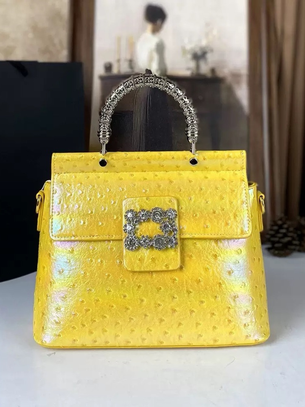 Yellow Ostrich-Texture Top-Handle Satchel with Rhinestone Buckle